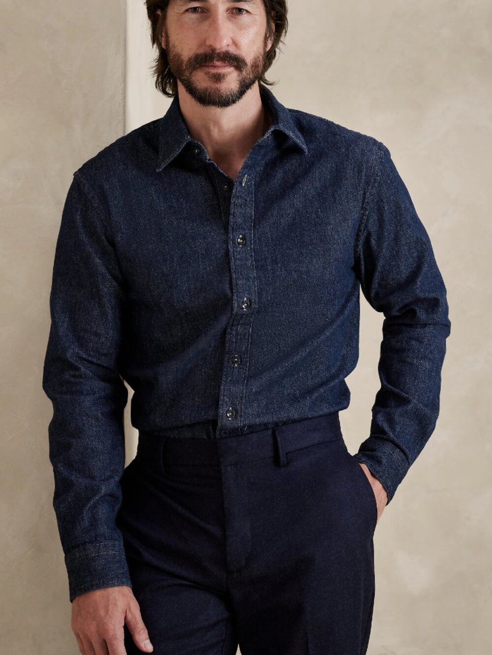NWT Banana Republic Men's Dark Rinse Keegan Denim Cotton Standard-Fit Shirt XL